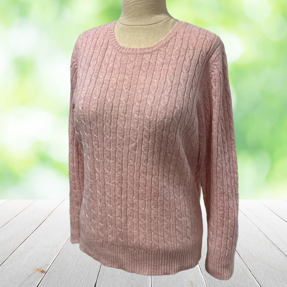 Vintage LL BEAN Cable Knit Sweater Lambswool Crew Neck Preppy Dusty Pink Size L